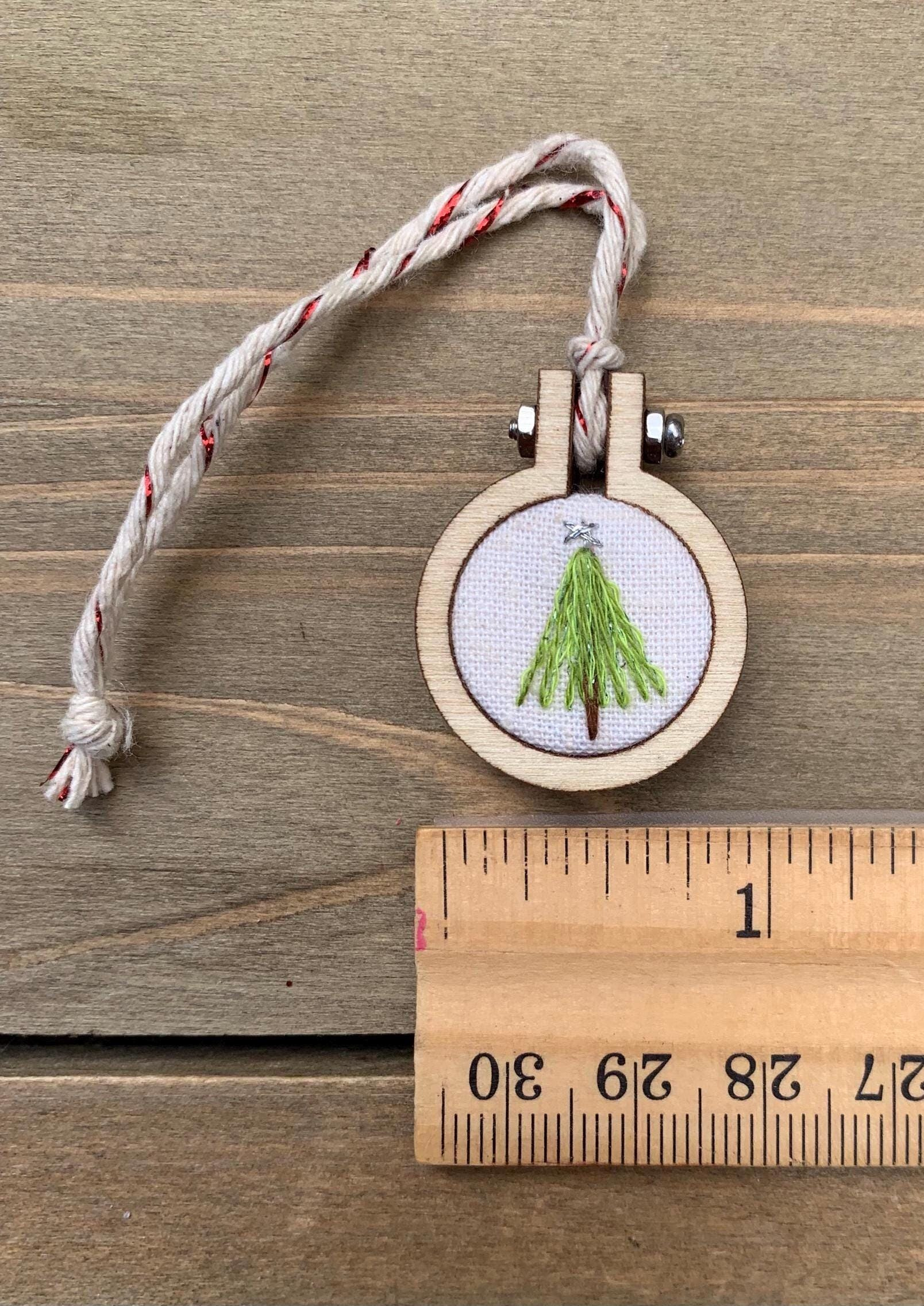 Hand Embroidered Mini Christmas Tree Ornament - Small Holiday Wood Hoop Charm for Car Mirror, Stocking & Tree 1