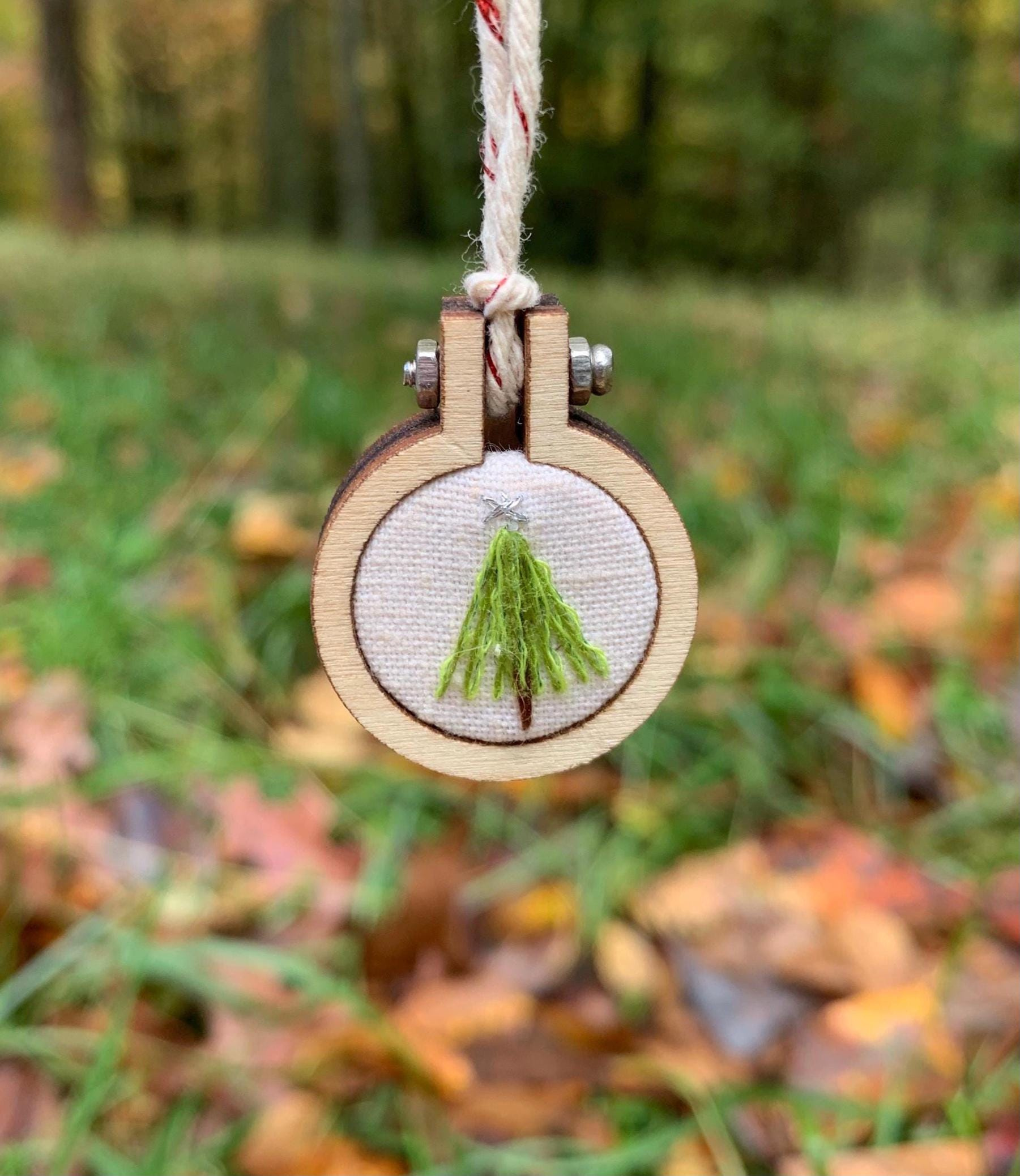 Hand Embroidered Mini Christmas Tree Ornament - Small Holiday Wood Hoop Charm for Car Mirror, Stocking & Tree 4 - MeasureMason Hand Embroidered Mini Christmas Tree Ornament - Small Holiday Wood Hoop Charm for Car Mirror, Stocking & Tree 4