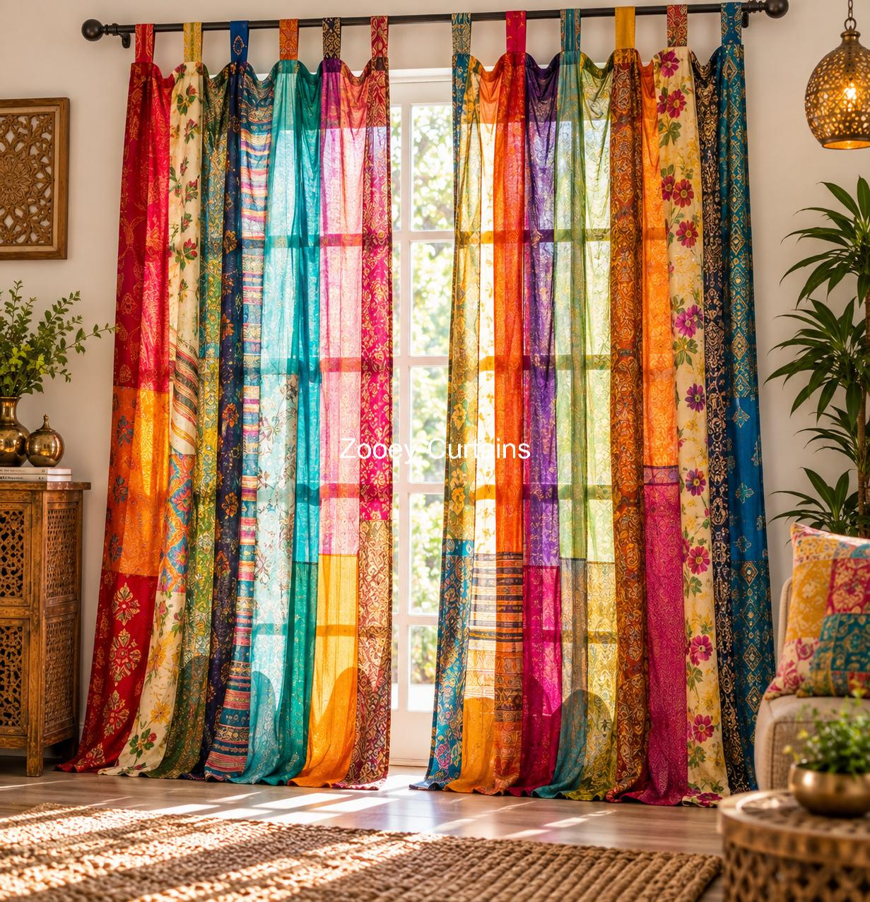 Boho Patchwork Silk Sari Curtain – Handmade Vintage Window Panel, Multicolor Sheer Drape Boho Patchwork Silk Sari Curtain – Handmade Vintage Window Panel, Multicolor Sheer Drape