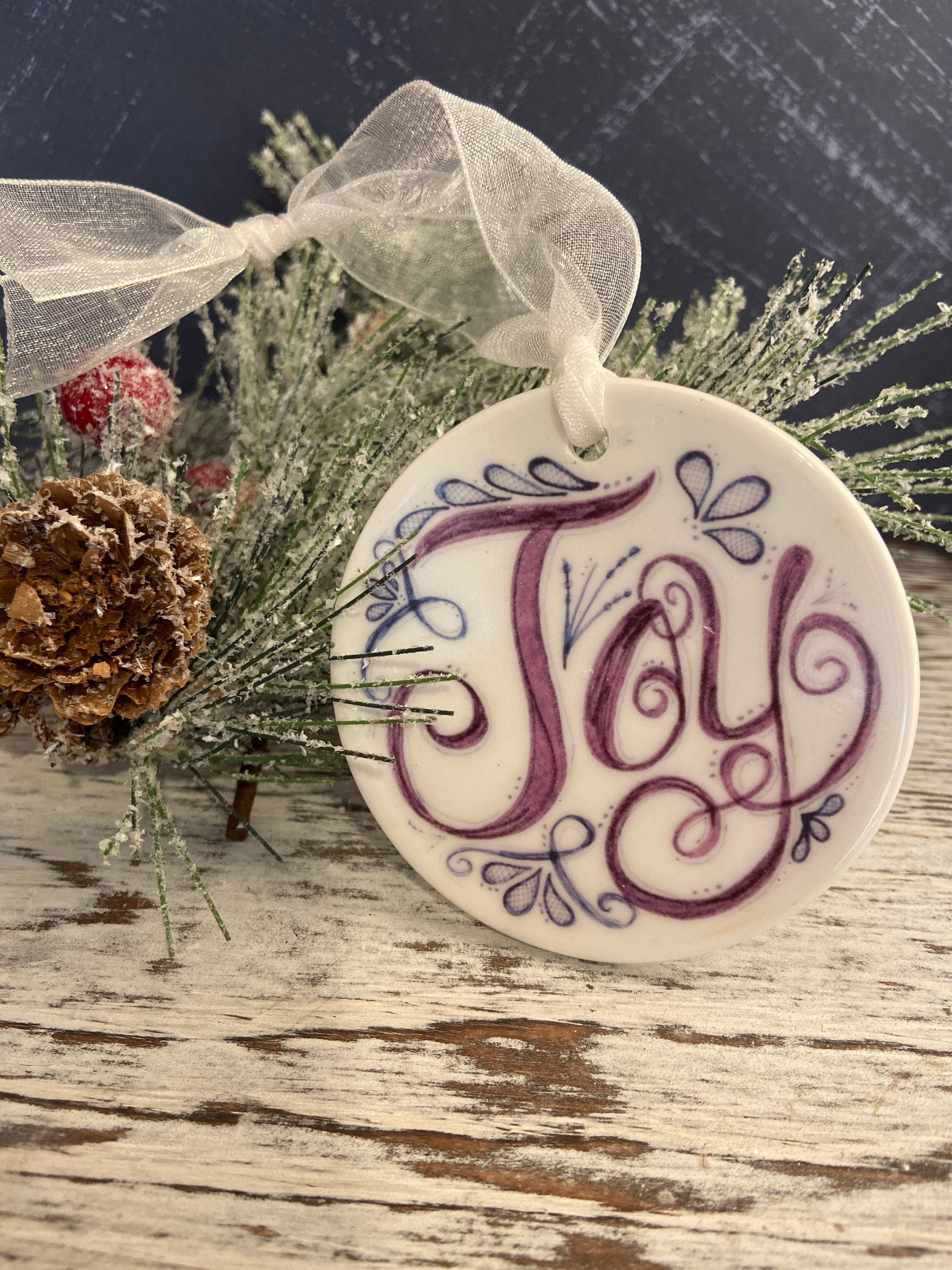 Joy Christmas Ornament - Hand Lettered Porcelain Round Double Sided Holiday Tree Decor & Stocking Stuffer Joy Christmas Ornament - Hand Lettered Porcelain Round Double Sided Holiday Tree Decor & Stocking Stuffer