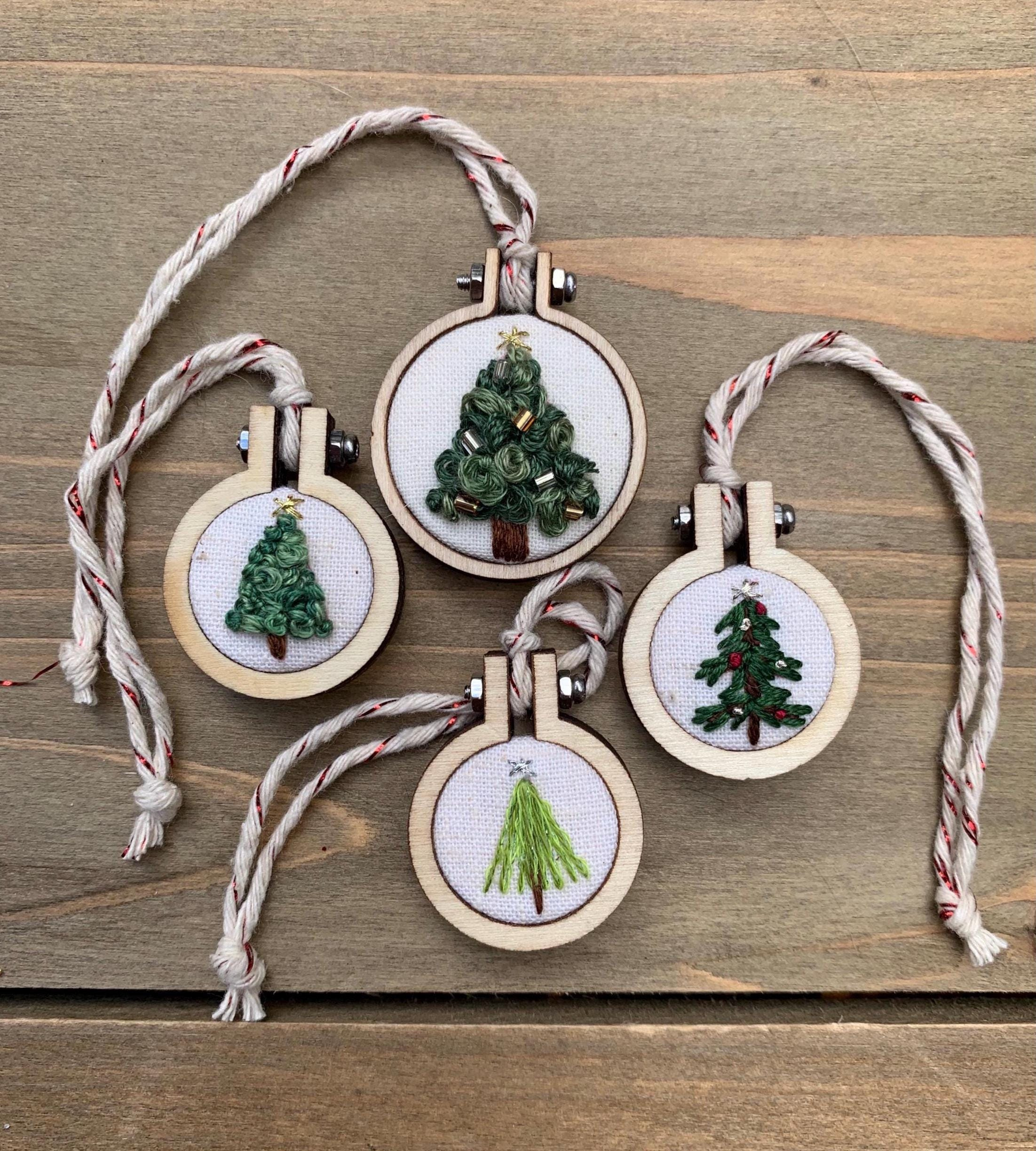 Hand Embroidered Mini Christmas Tree Ornament - Small Holiday Wood Hoop Charm for Car Mirror, Stocking & Tree